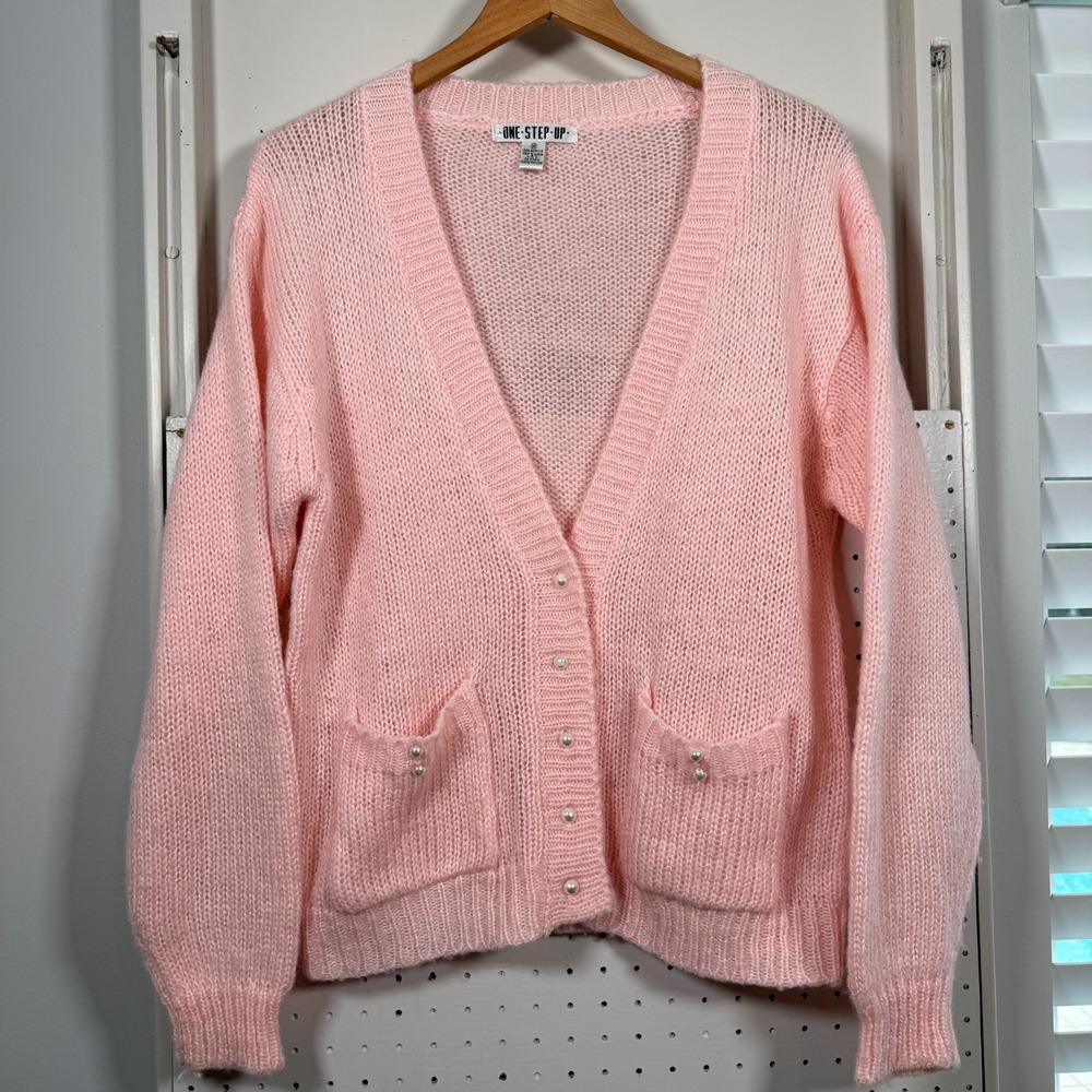 VTG One Step Up Cardigan Women's Pink Knit V-Neck Long Sleeve Sweater‎ Medium